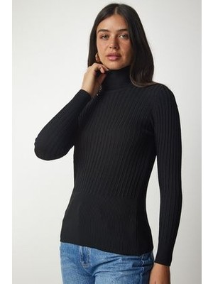 Balıkçı Yaka Fitilli Basic Kazak Siyah