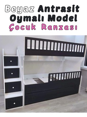 Mürsel Mobilya Beyaz Antrasit Oymalı Model Çocuk Ranzası