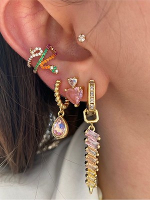 Pinery Jewels Sallantılı Pembe Kalp 3'lü Altın Kaplama Kadın Küpe Seti