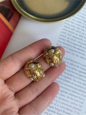 Pinery Jewels Vintage Minimal Incili Halka Çelik Kararmaz Altın Kaplama Küpe Çifti