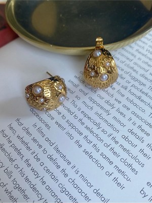 Pinery Jewels Vintage Minimal Incili Halka Çelik Kararmaz Altın Kaplama Küpe Çifti