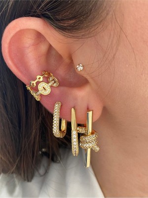 Pinery Jewels Taç Zirkon Taşlı Minimal Kadın Earcuff Kıkırdak Küpe