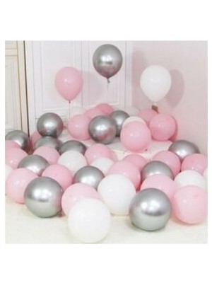 Krom Gümüş ve Makaron (Pastel) Pembe Renk 15 Li Balon