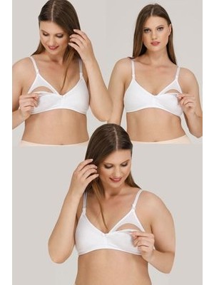 Parlingerie 3'lü Beyaz Emzirme Sütyeni Organik Yumuşak Dokulu Çizgi Desenli Konforlu Tasarım
