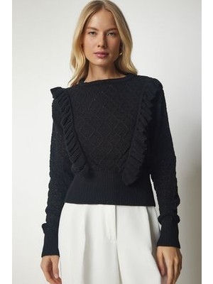 Ajurlu Fırfır Detaylı Triko Kazak Siyah