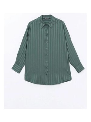 Lcw Modest Yeşil Çizgili Saten Kadın Gömlek Tunik