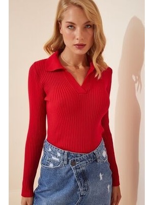 Polo Yaka Fitilli Crop Triko Kazak Kırmızı