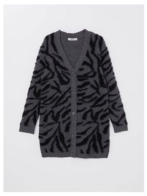 V Yaka Desenli Kadın Triko Hırka