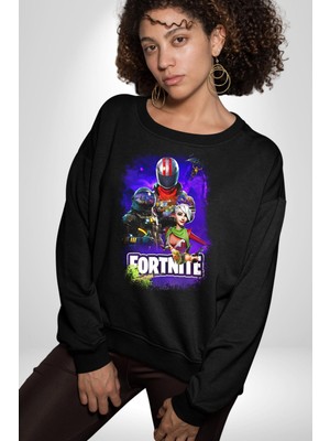 Fortnite Karakterleri Oyun Kadın Erkek Siyah Sweatshirt