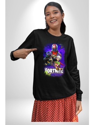 Fortnite Karakterleri Oyun Kadın Erkek Siyah Sweatshirt