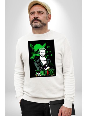 Roonoa Zoro Luffy One Piece Anime Kadın Erkek Beyaz Sweatshirt