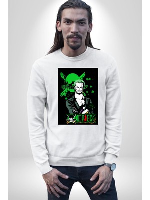 Roonoa Zoro Luffy One Piece Anime Kadın Erkek Beyaz Sweatshirt