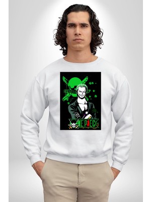 Roonoa Zoro Luffy One Piece Anime Kadın Erkek Beyaz Sweatshirt