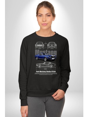 1968 Ford Mustang Gt 390 Blue Araba Klasik Kadın Erkek Siyah Sweatshirt