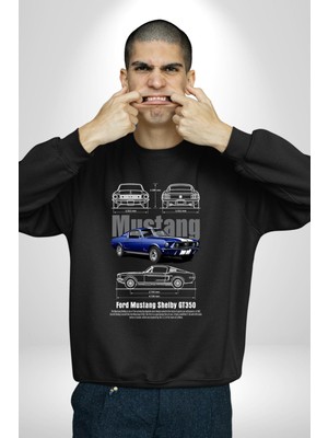 1968 Ford Mustang Gt 390 Blue Araba Klasik Kadın Erkek Siyah Sweatshirt