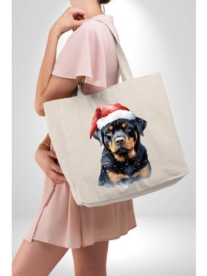 Angemiel Yeni Yıl Noel Rottweiler 47X36X8 Kadın Erkek Kanvas Körüklü Büyük Boy Çanta