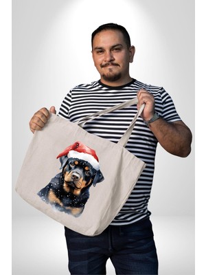 Angemiel Yeni Yıl Noel Rottweiler 47X36X8 Kadın Erkek Kanvas Körüklü Büyük Boy Çanta