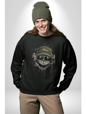 Angemiel Havalı Pilot Şapkalı Müzik Dinleyen Kedi Kadın Erkek  Siyah Baskılı Sweatshirt