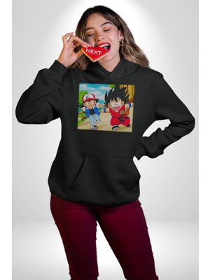 Dragon Ball x Pokémon Japon Anime Kadın Erkek  Siyah Kapüşonlu Sweatshirt Hoodie