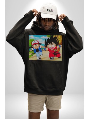 Dragon Ball x Pokémon Japon Anime Kadın Erkek  Siyah Kapüşonlu Sweatshirt Hoodie