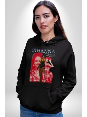 Rihanna Kadın Erkek  Siyah Kapüşonlu Sweatshirt Hoodie