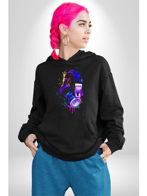 Gamer Oyuncu Kulaklığı Renkli Kadın Erkek  Siyah Kapüşonlu Sweatshirt Hoodie