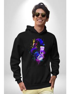 Gamer Oyuncu Kulaklığı Renkli Kadın Erkek  Siyah Kapüşonlu Sweatshirt Hoodie