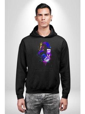 Gamer Oyuncu Kulaklığı Renkli Kadın Erkek  Siyah Kapüşonlu Sweatshirt Hoodie