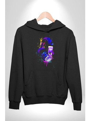 Gamer Oyuncu Kulaklığı Renkli Kadın Erkek  Siyah Kapüşonlu Sweatshirt Hoodie