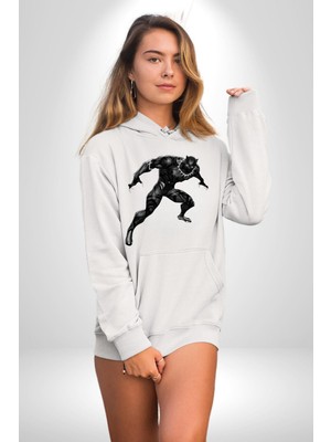 Black Panter Kadın Erkek  Beyaz Kapüşonlu Sweatshirt Hoodie