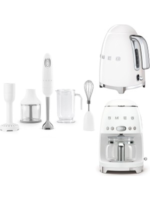 Smeg Beyaz Renkli Kettle-Filtre Kahve Makinesi ve El Blender Seti Modern Tasarım