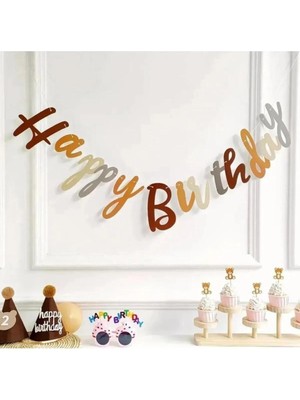 Parti Furyası Retro Kahve Tonları Happy Birthday Kaligrafi El Yazı Banner Doğum Günü Yazısı Duvar Süsü