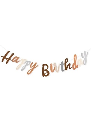 Parti Furyası Retro Kahve Tonları Happy Birthday Kaligrafi El Yazı Banner Doğum Günü Yazısı Duvar Süsü