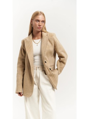 Mai Collection Peters Dikiş Detaylı Çizgili Taupe Blazer