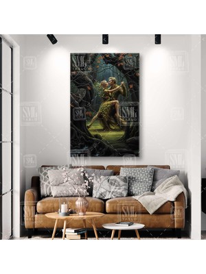 SML Tablo Ormanda Dans Eden Sevgililer Doğa Yeşil Yapraklar Ağaç Baykuş Dikey Kanvas Tablo