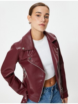 Koton Suni Deri Ceket Fermuarlı Kruvaze Ters Yaka Cepli