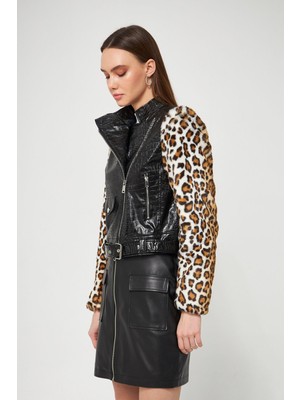 Suni Deri Biker Ceket Leopar