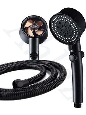 Ahlez Royal Turbo Pervaneli 5 Fonksiyonlu Duş Başlığı Siyah Duş Hortumu 150 cm Duş Seti