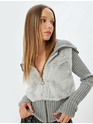 Koton Suni Kürk Hırka Dik Yaka Fermuarlı Ribanalı Slim Fit