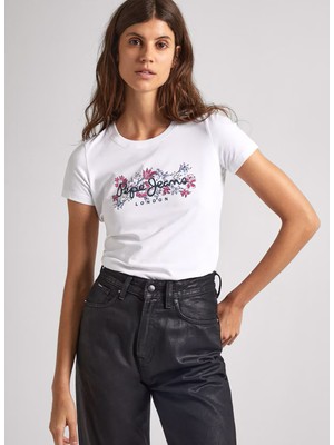 Pepe Jeans Bisiklet Yaka Baskılı Beyaz Kadın T-Shirt PL505834