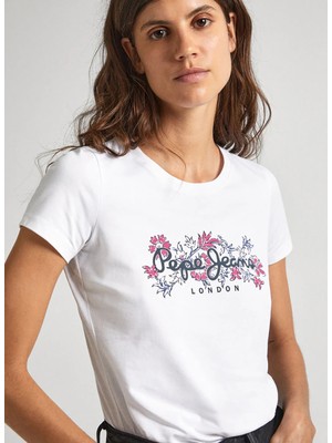 Pepe Jeans Bisiklet Yaka Baskılı Beyaz Kadın T-Shirt PL505834