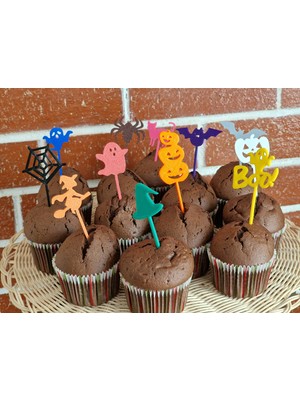 Hobi Kafe 12 Adet Cadılar Bayramı- Halloween Cup Cake Kürdanı- Çubukları - Pasta Süsü (Sert Plastik)