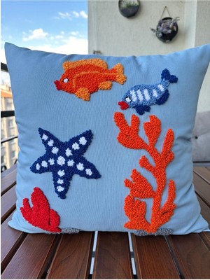 Woodhub Punchhatolyesii Deniz Modeli Kırlent Kılıfı Punch Panch Kırlent Kılıfı El Yapımı Mavi