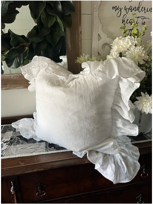 Woodhub %100 Pamuklu Ham Keten Fırfırlı Vintage Kırlent Kılıfı 43x43 Cm