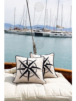 Woodhub Marin Serisi Pusula Punch Panç Desen Nakışlı Kırlent Kılıfı 1 Adet 43x43cm