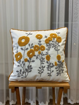 Woodhub Tekli Punch Işlemeli Nakışlı Panç Dekoratif Kırlent Kılıfı