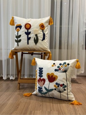 Woodhub 2'Li Punch Işlemeli Nakışlı Panç Dekoratif Kırlent Kılıfı