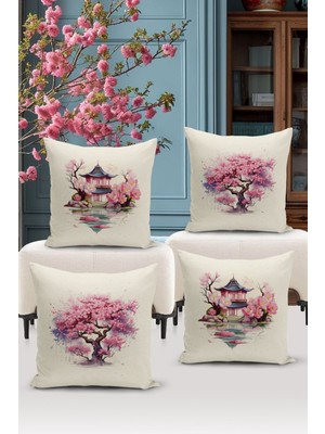Woodhub Flower/Vintage Serisi Çift Tarafı Dijital Baskılı  4'Lü Kırlent Kılıfı Seti  (Cushion Cover Set)