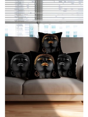 Woodhub Kız Siyahi Kadın Desenli Altın Gümüş Renkli Dijital Baskılı Hediyelik 4lü Kırlent Kılıfı Seti