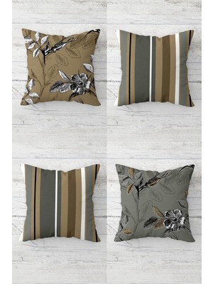 Woodhub Çiçekli Çizgili Kombin Gizli Fermuarrlı Kırlent Kılıfı Koltuk Yastık Kılıfı Takım(4adet)